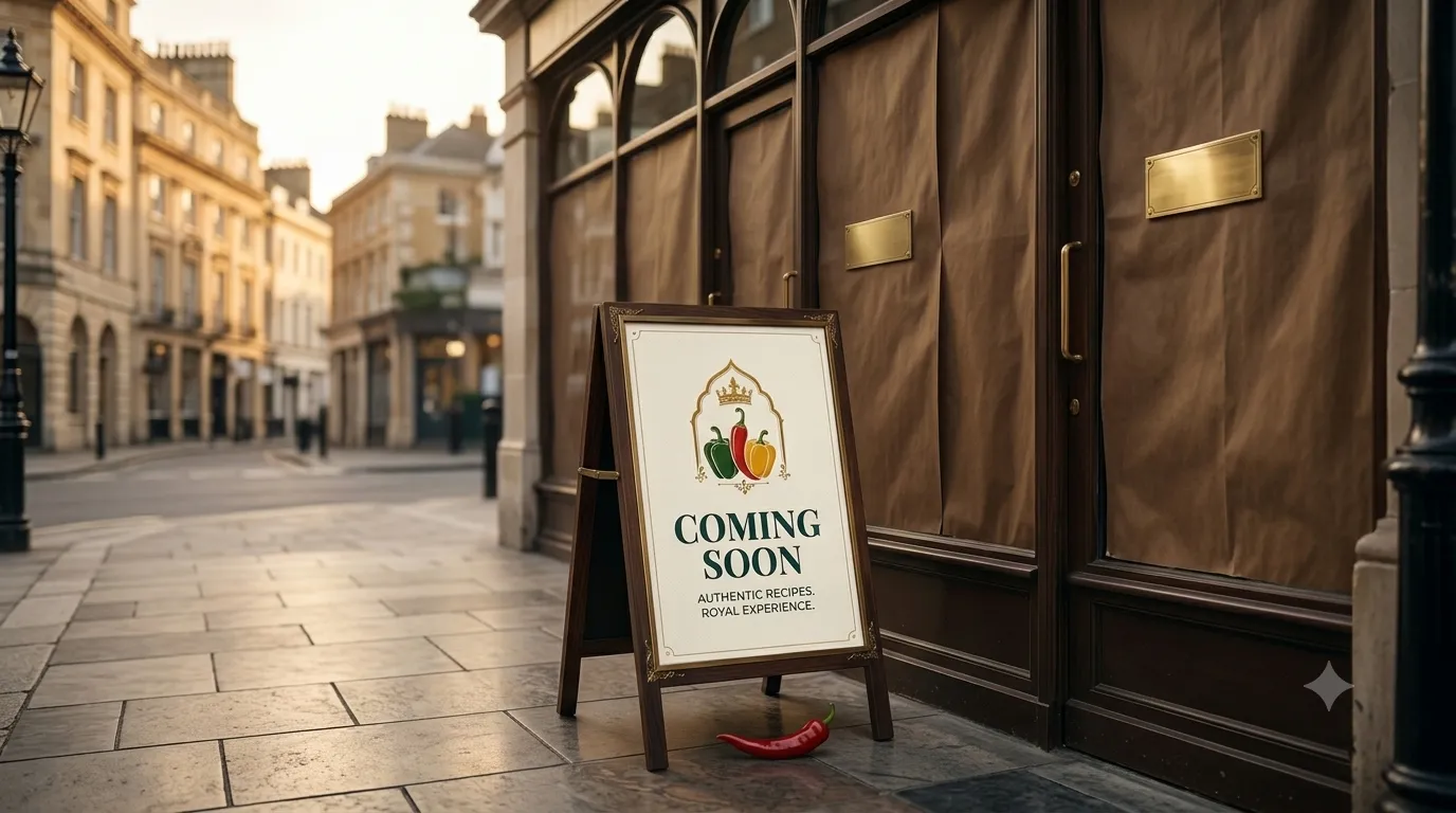 A Bell Peppers 'Coming Soon — Authentic recipes, royal experience' sign outside the papered windows of the new restaurant